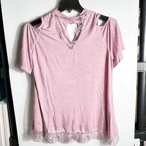 Andree by Unit Pink Cold Shoulder Lace Trim Top Womens Large Rayon Spandex